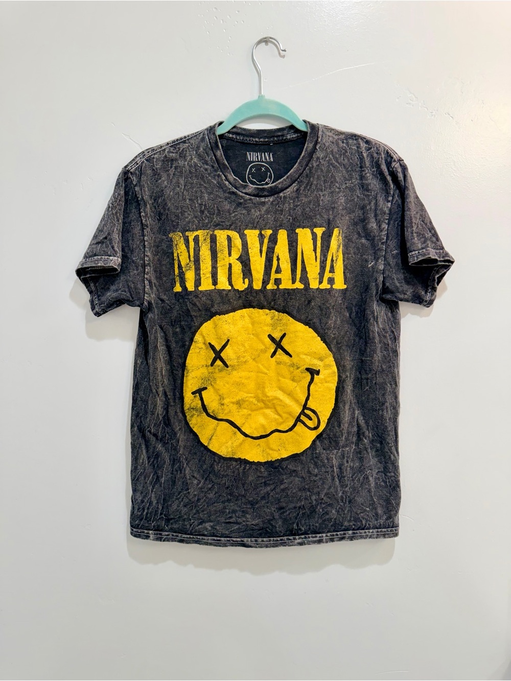 Nirvana Smiley Face Graphic T-Shirt Acid Wash Grey Black Oversized Boxy Womens M - Picture 3 of 11